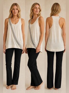 Chelsea Flower 100% Silk Ivory Tank Top Silver Chainmail Trim Size M
